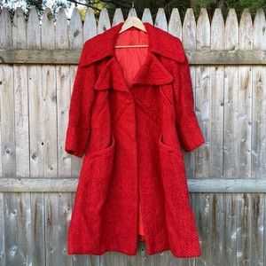 Vintage 1960s Women’s Chunky Yarn Red Wool Coat Jacket Saks Fifth Ave (Trigere?)